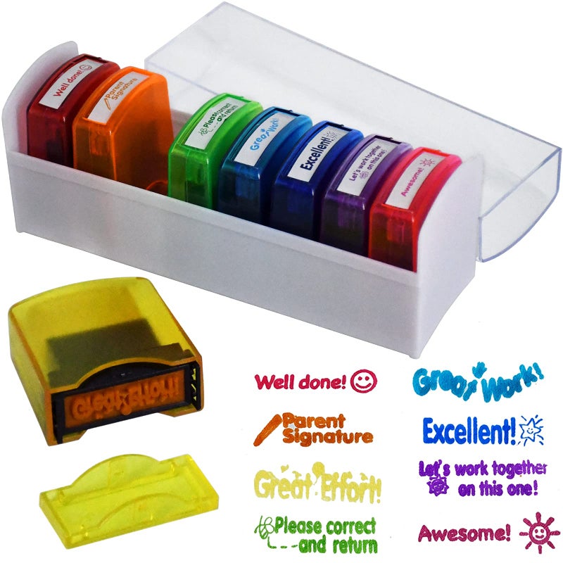 Bertiveny Teacher Stamps for Grading Classroom Parent Signature Self-Inking Teacher Stamp Set School Supplies for Homework Reward for Elementary  8 pcs(Rainbow) - Image 1
